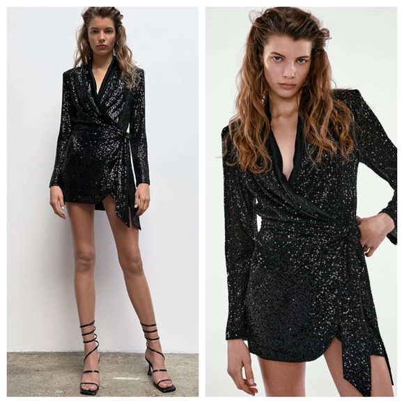 NWT Zara Sequin Wrap Short Dress XS Black Blogger's Favorite